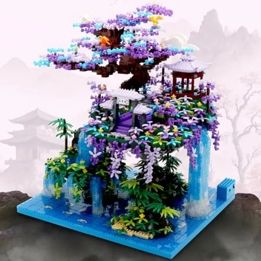 

Moon Palace Chinese architecture micro building set with LED lights, cherry blossom tree model kit in white and pink, 4574PCS,