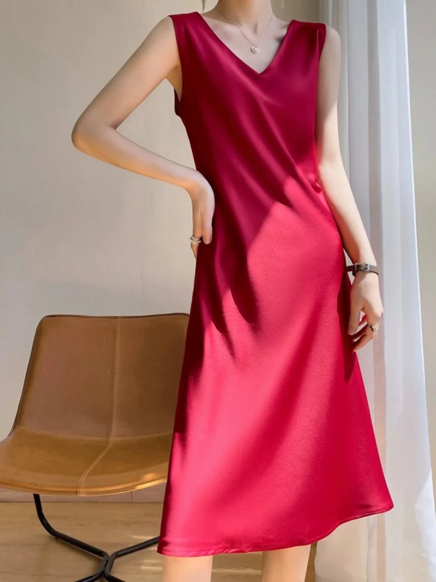 Ele cetim midi dr vestido feminino svel v-ne saia evasê cor pura commute sle primavera verão faion dr