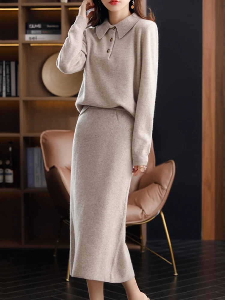 New Women's Cashmere Sweater Polo Collar Pullover Skirt Set 100% Merino Wool Knitwear Autumn Winter Two Pieces Set Skirt Suit