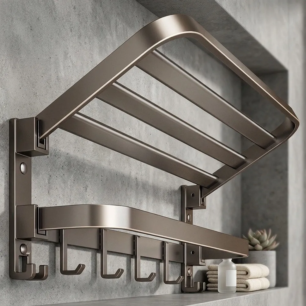 Foldable 40cm Towel Rack for Bathroom - for gunmetal Gray Space Aluminum Towel Shelf with 2 Bars and Hanging Hooks