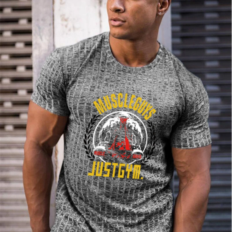 Mens Fitness Short Sleeve Knitted Elastic T-Shirt Summer Sport Quick Dry Slim Fit Shirts Gym Bodybuilding Muscle Casual Clothing