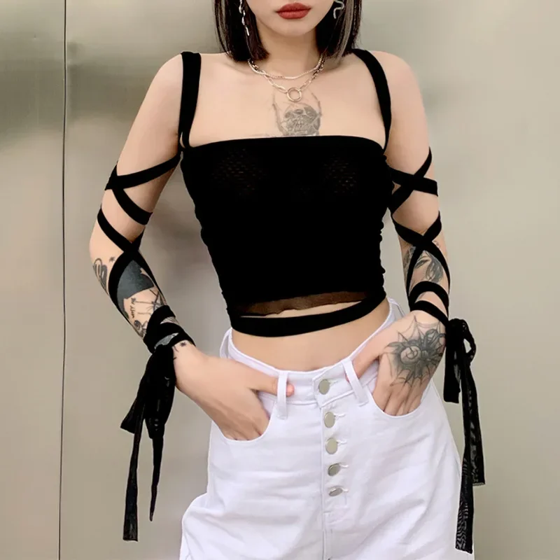 

New Fashion Women Black Mesh Lace Up Bandage Crop Top Fairy Grunge Aesthetic Clothes Cyber Y2k Mall Goth Tanks Sexy Clothing