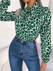Wome's Elegant Color Block Bow Tie Chiffon Blouse 2026 Spring Autumn Casual Long Sleeve Office Lady Shirts Green Blue Red Tops