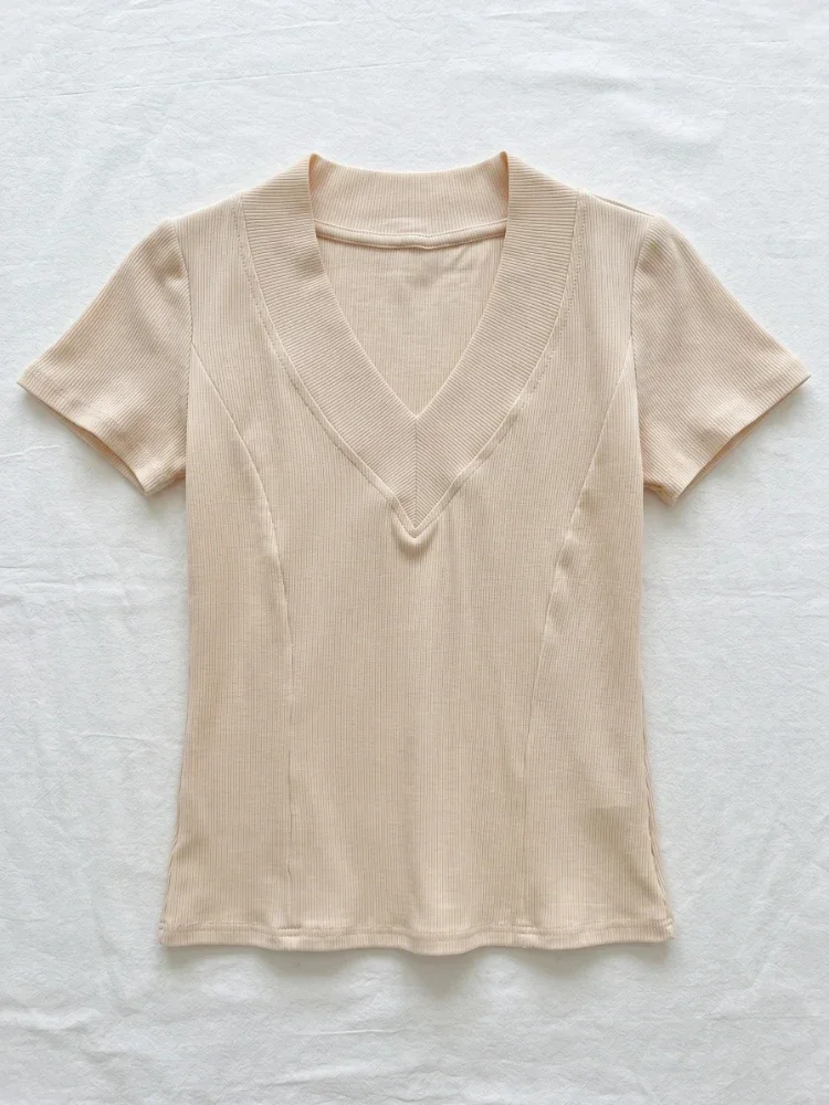 Koreanisches Lässiges Vielseitiges Oberteil 2026 Sommer Neu V-Ausschnitt Geripptes Gestricktes Schlankes Damen T-Shirt Basic Elastisch Kurzarm Tee Shirt – Detail 4