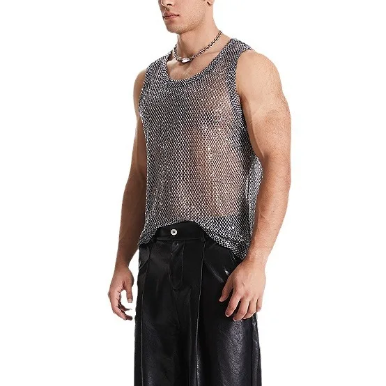 2025 Fashion Spring and Summer Sequined Trend T-shirt Casual Nightclub Heavy Craftsmanship Perspective Sexy Vest Outing Top