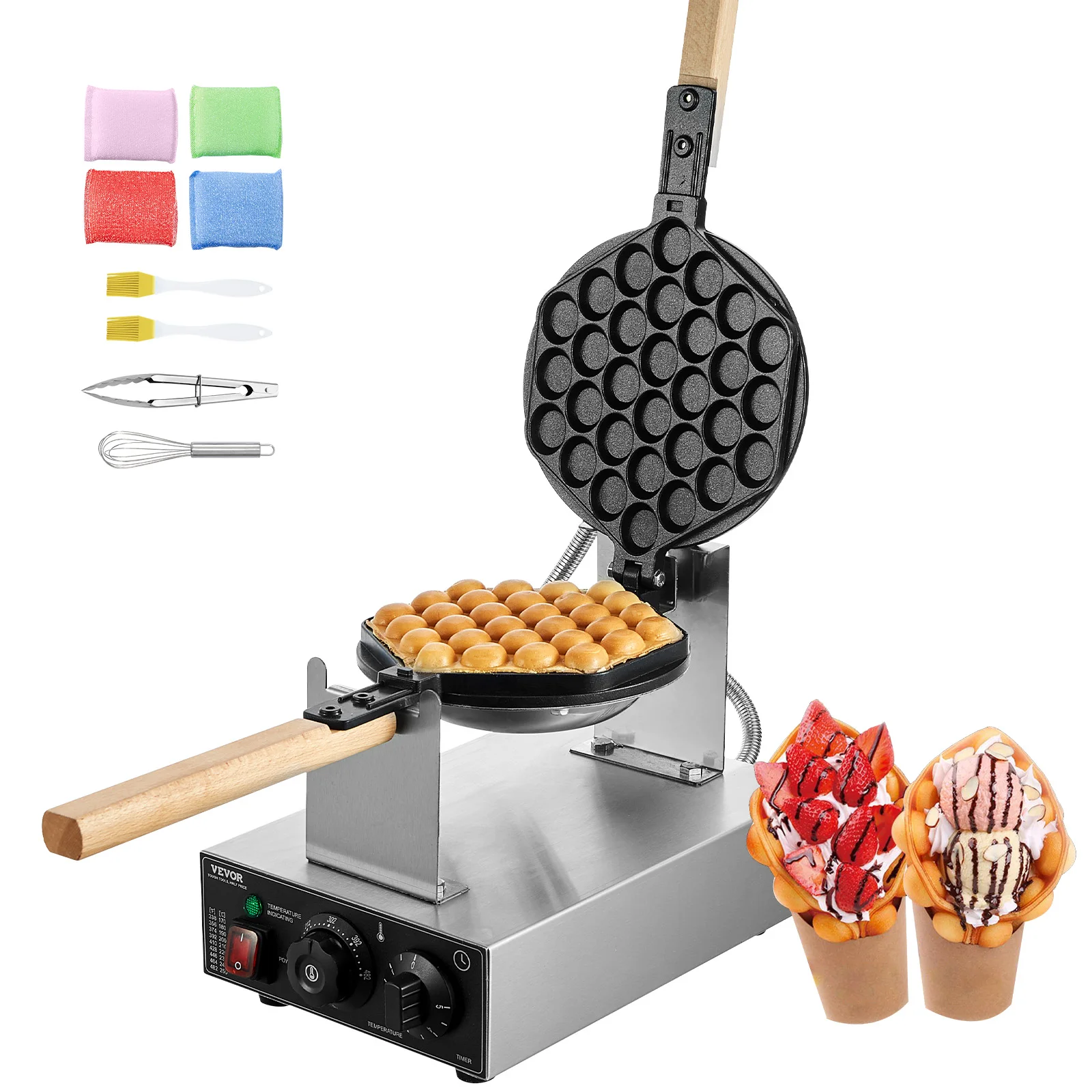 SucceBuy Máquina comercial para hacer gofres con burbujas de huevo, 1400W, hojaldre de burbujas de acero inoxidable antiadherente con 180 ° 2 sartenes giratorias y mangos de madera