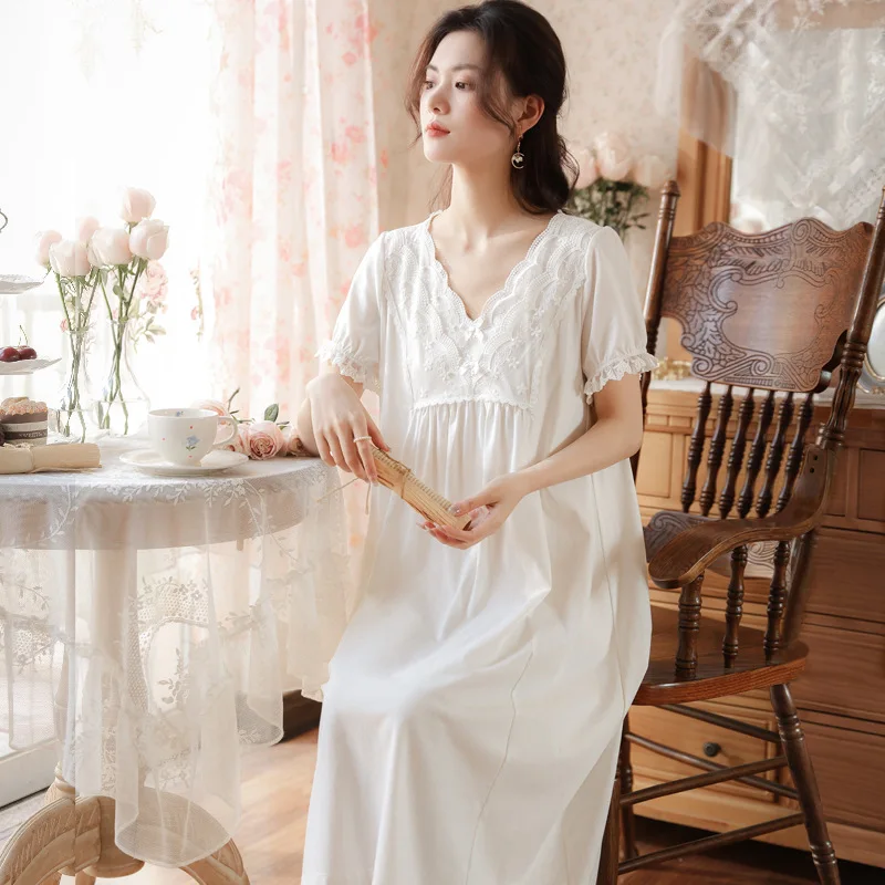 Women White Cotton Night Dress Victorian Nightgowns Vintage Sexy Lace Fairy Short Sleeve Peignoir Nightdress Princess Sleepwear