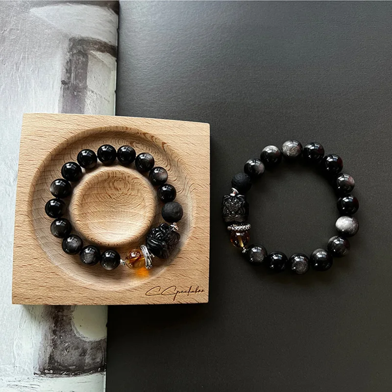 Mens Two Piece Bracelet Set Black Obsidian with Carved Pendant Natural Stone Beads Elastic Stackable Wrist Jewelry