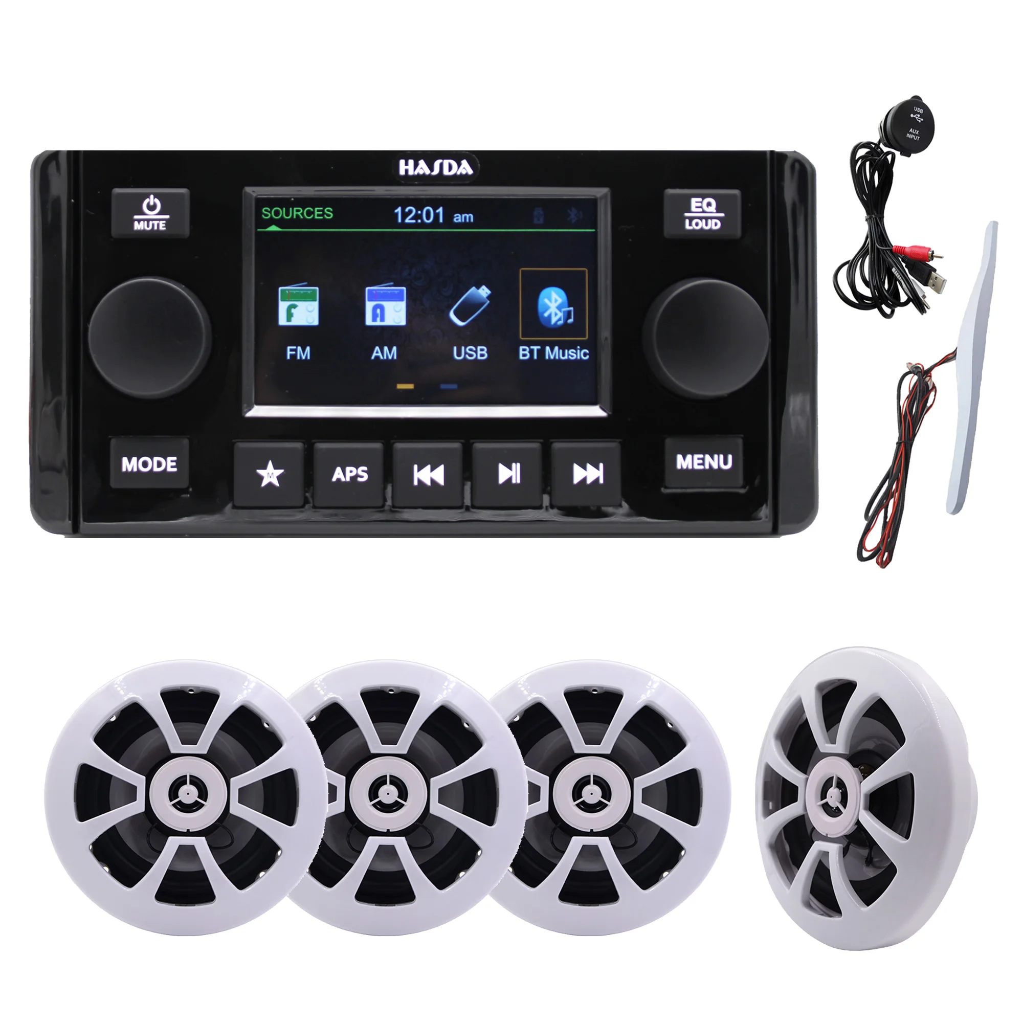 HASDA 방수 해양 스피커 6.5 인치 H-054*4+블루투스 MP3 라디오 플레이어 H-401+USB 날짜 케이블+안테나 슈트