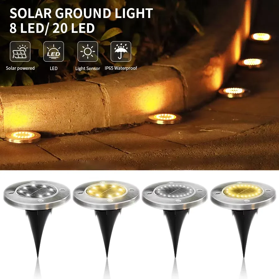 8/20LED Solar Power Disk Lights Waterproof Outdoor Solar Underground Light Path Deck Yard Driveway Lawn Garden Decoration Lamp