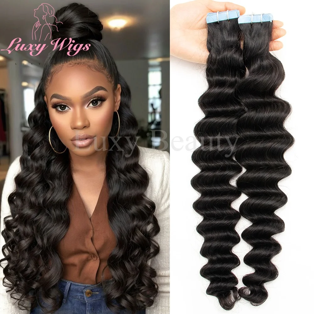 

Натуральная черная лента с глубокими волнами в наращивании волос, человеческие волосы для женщин, длинные бесшовные глубокие волнистые ленты для наращивания волос, 20 шт./упак.