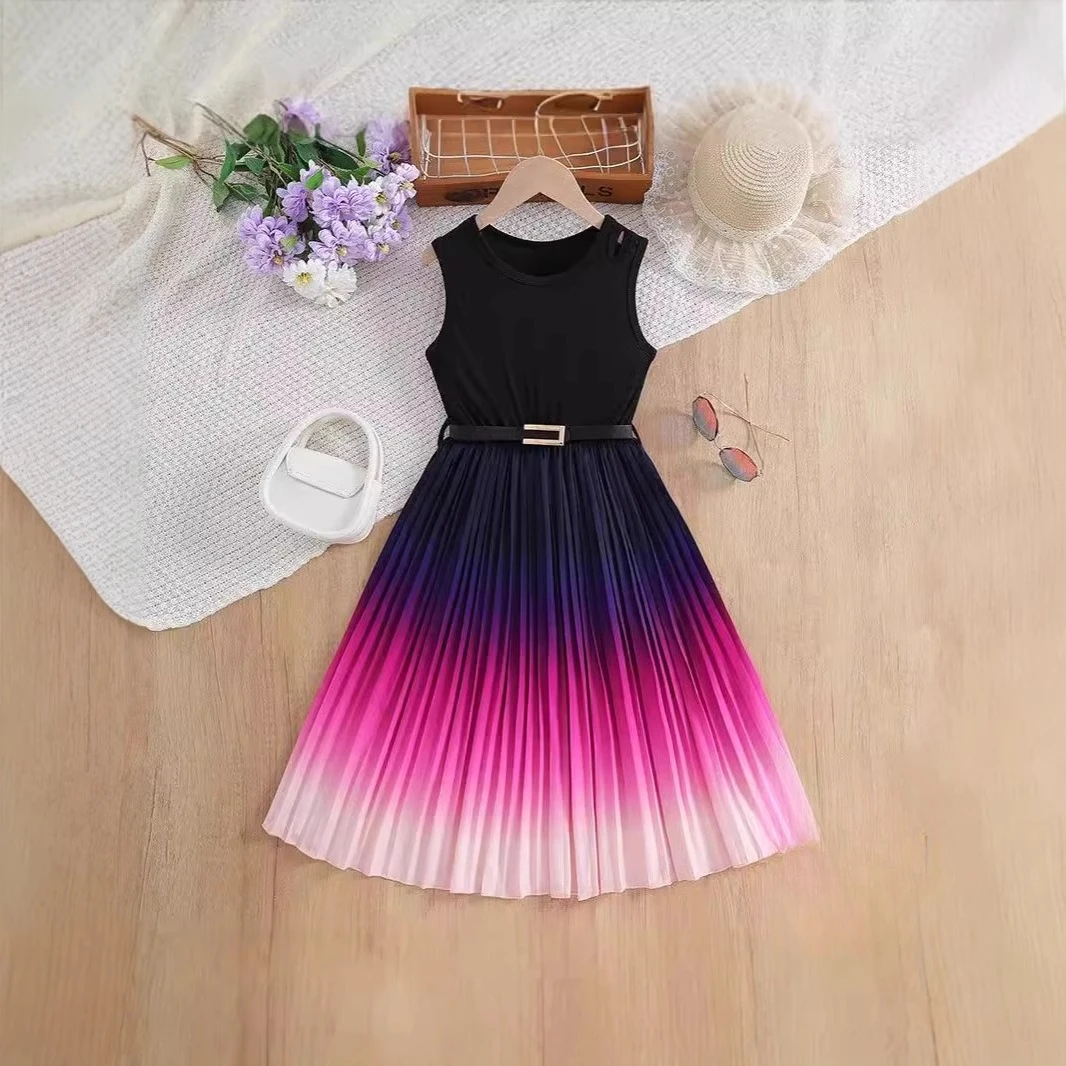 Girls Gradient Pleated Sleeveless Dress With Belt Kids Black Purple Pink Ombre Midi Dresses Summer Fashion Children Party Dress