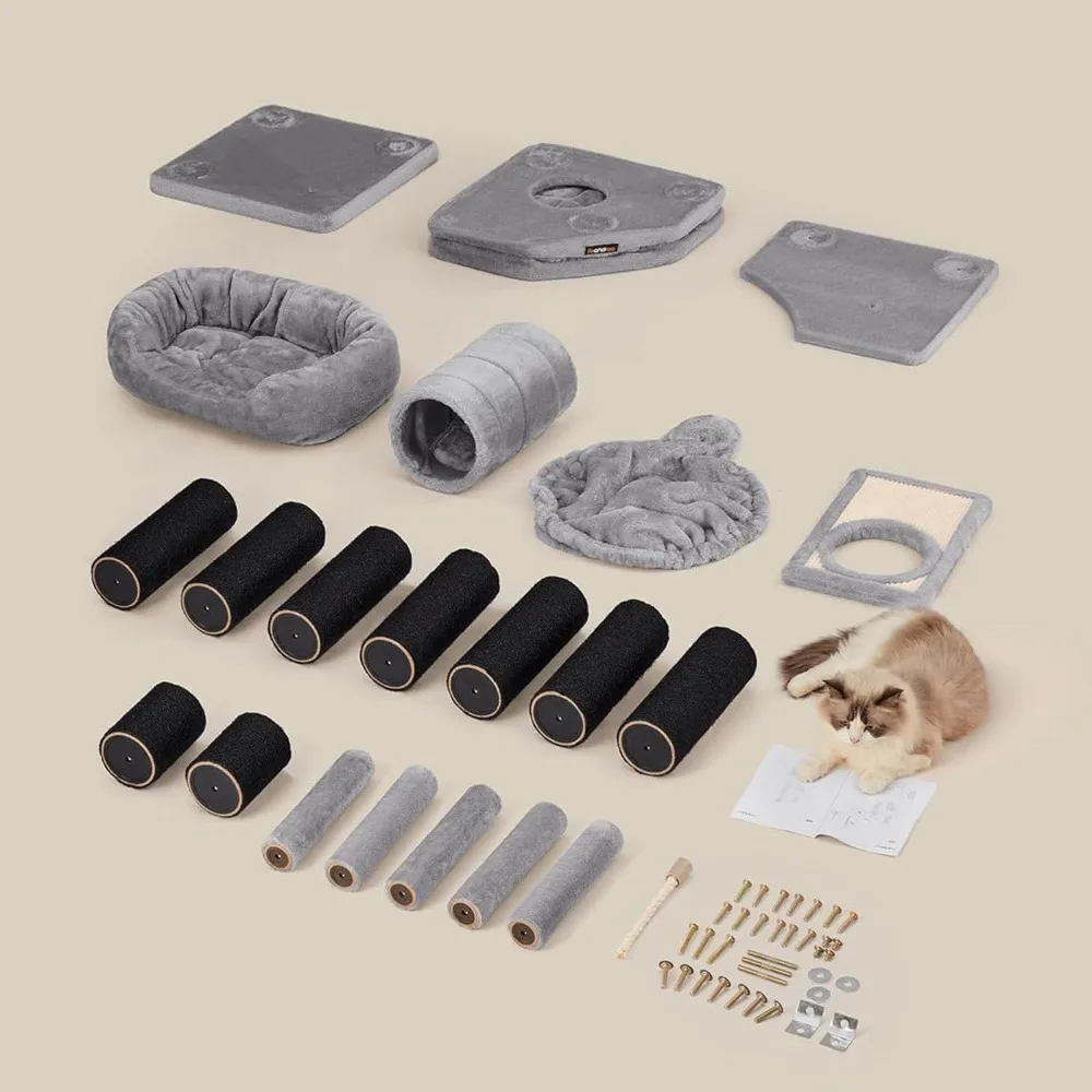 برج قطط كبير من القطيفة مع كرسي سلة، وكهف احتضان، وأوضاع ملفوفة سميكة لراحة إضافية