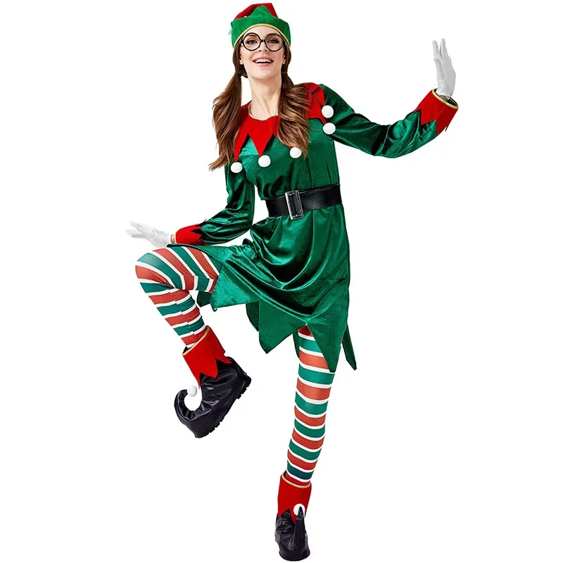 Adulto meninas papai noel trajes elfo verde veludo terno de natal natal ano novo masquerade cosplay vestido extravagante