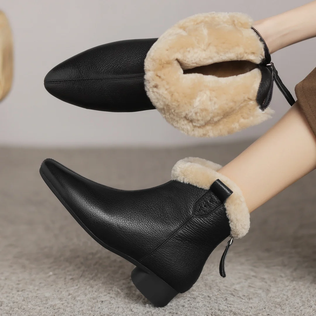 2024 Winter new women's sheepskin wool inside ankle snow boots pointed toe back zip flats female cold weather short boots shoes