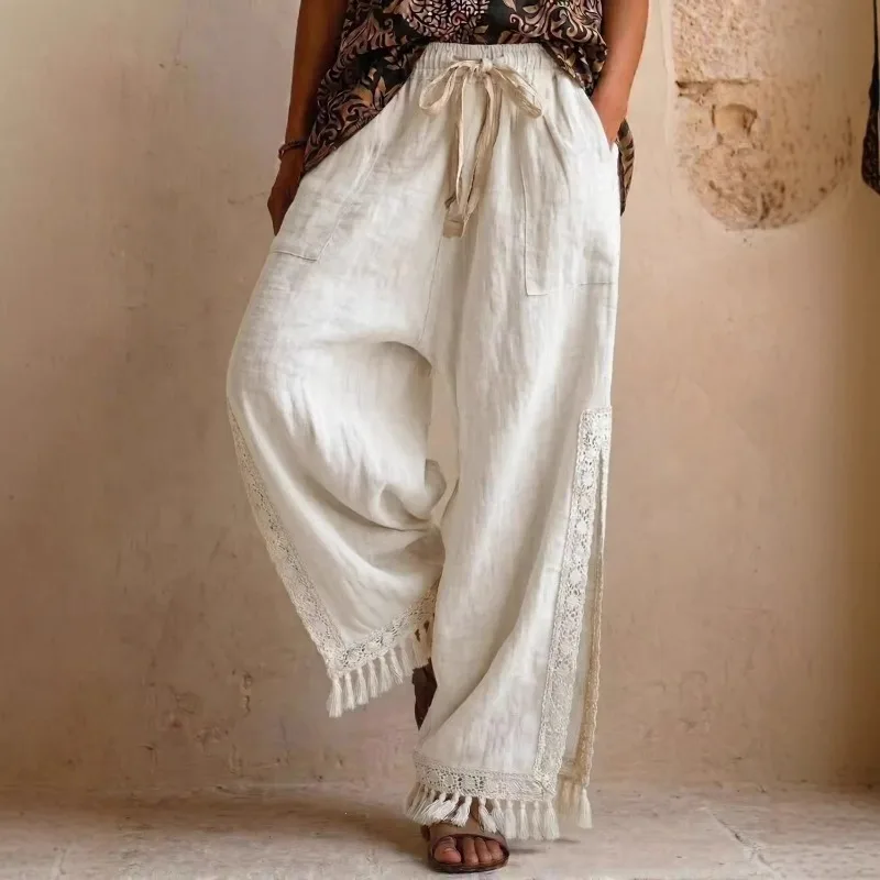 

European and American Spring/summer Cotton Linen Side-slit Lace Tassel Bohemian Vacation Style Wide-leg Pants Fashion Ventilate