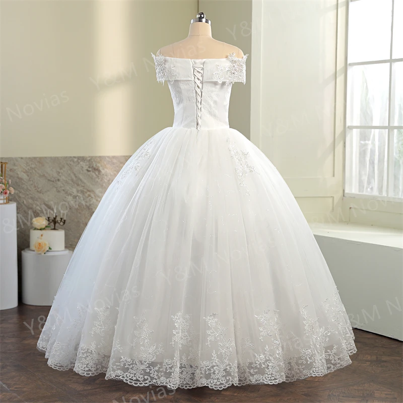 Y & M Novias Cheap Off spalla Vestido De Noiva abito da sposa avorio treno o pavimento su misura Plus Size Tulle da sposa Mariage