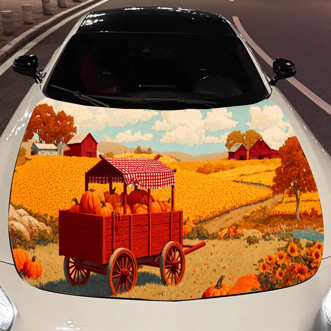 

Pumpkin Wagon Car Hood Vinyl Wraps Sticker, Fashionable Auto Cover PVC Decal, Waterproof Self-adhesive Vehicle Decal, Anti-scrat