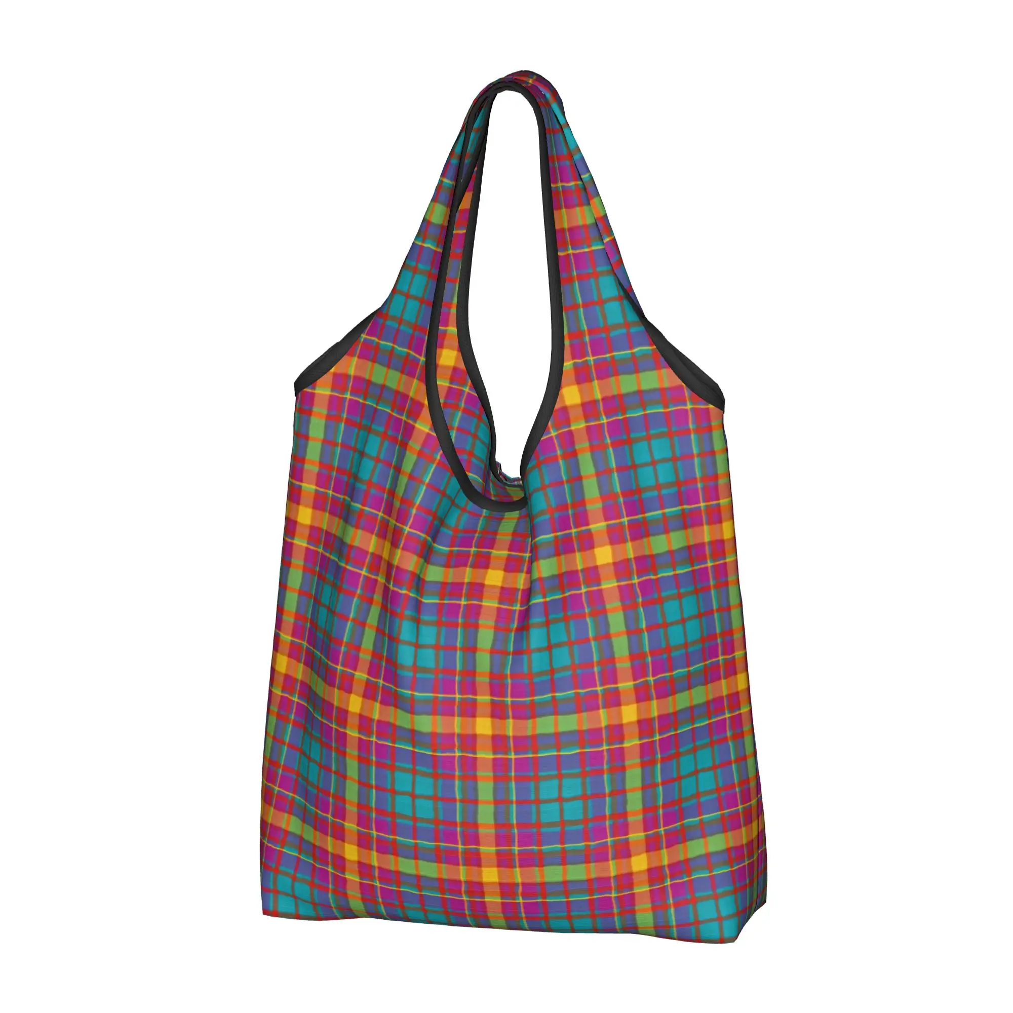 Recycling Plaid Colorful Tartan Style Shopping Bag Women Tote Bag Portable Tartan Fabric Texture Grocery Shopper Bags