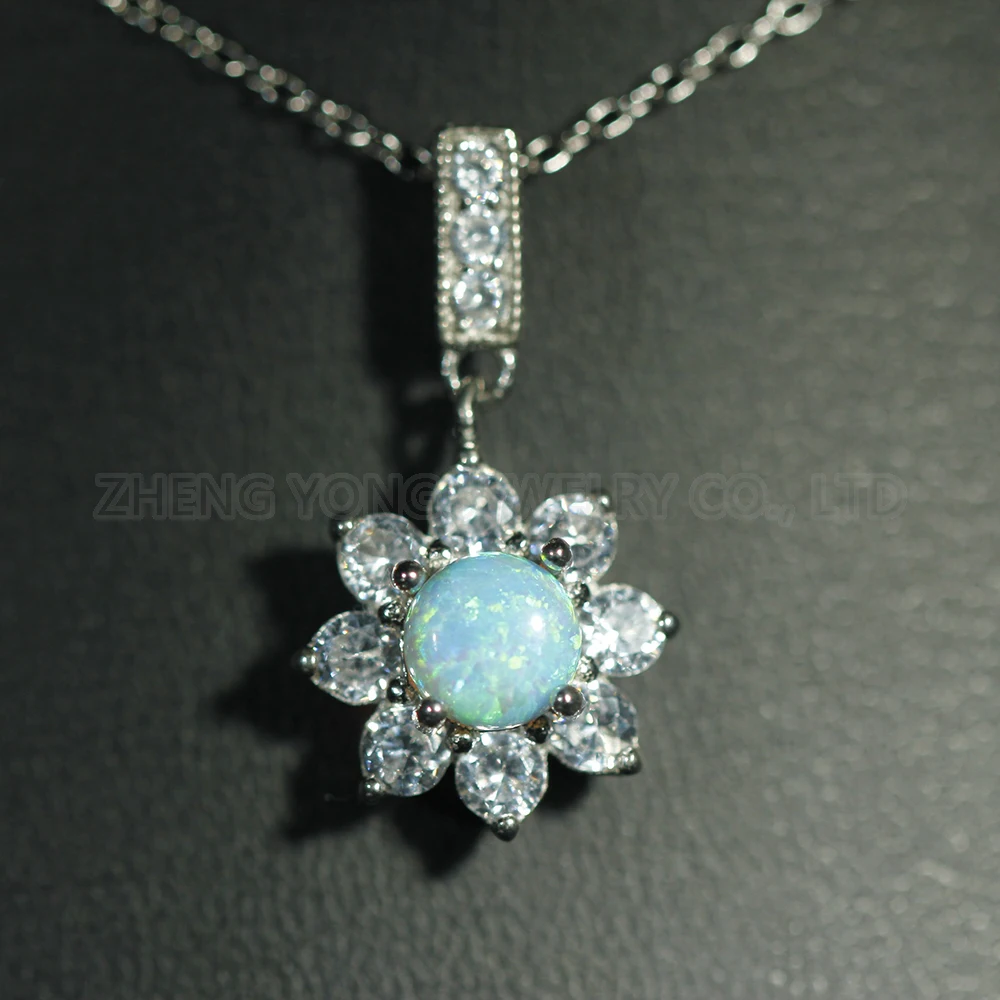 

Sterling Silver Daisy Flower Pendant for Women White Fire Opal Round Cubic Zirconia Pendant