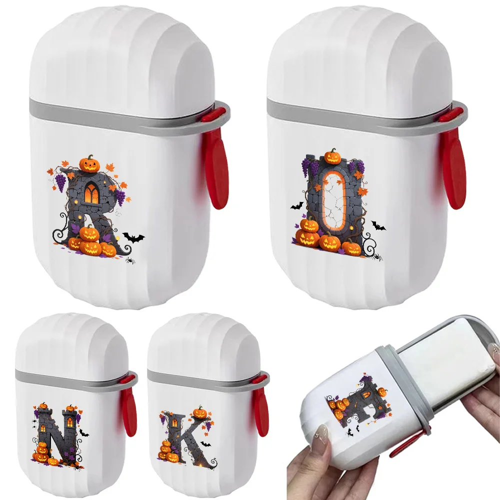 

Portable Capsule Shape Soap Box Leak Proof Soap Organizer Container Durable Dustproof Storage Case Halloween Letters Pattern