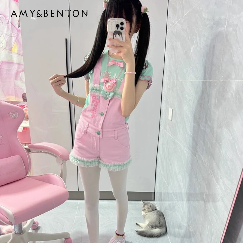 

Japanese Cute Sweet Girl Y2K Subculture Women's Clothing 2025 Summer New Design Kawaii Age-Reducing Overalls Shorts Sets Ladies
