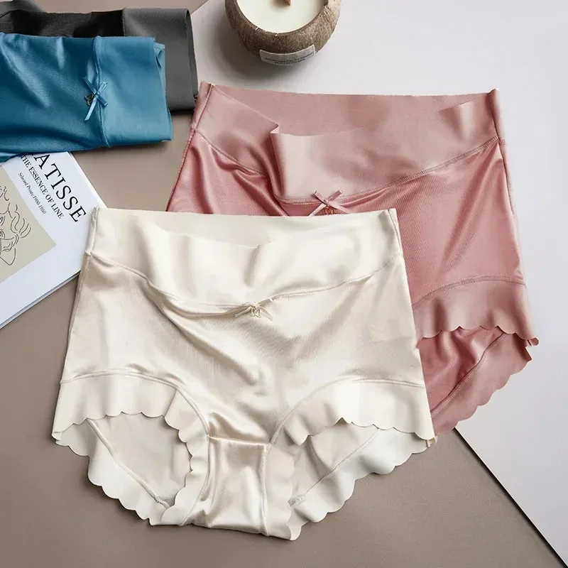 2pcs Sexy Women Panties Ice Silk Satin Briefs Seamless Underwear High Waist Pants Comfort Lingerie Female Underpants