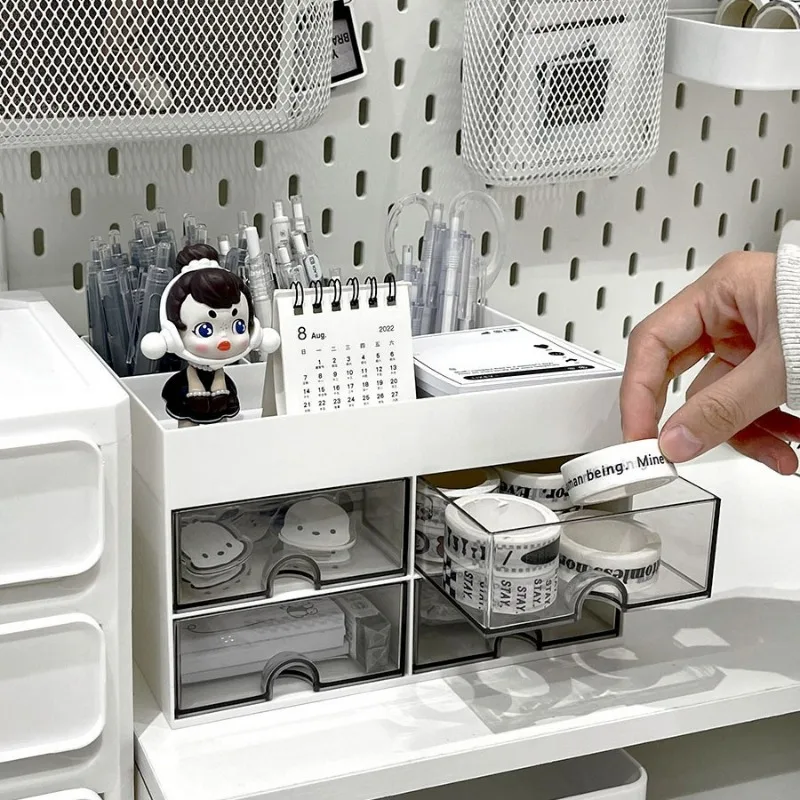 Desktop Transparent Cosmetics Storage Box Desktop Organizer with Drawers Pen Holder Stationary Storage Rack for Office Desks