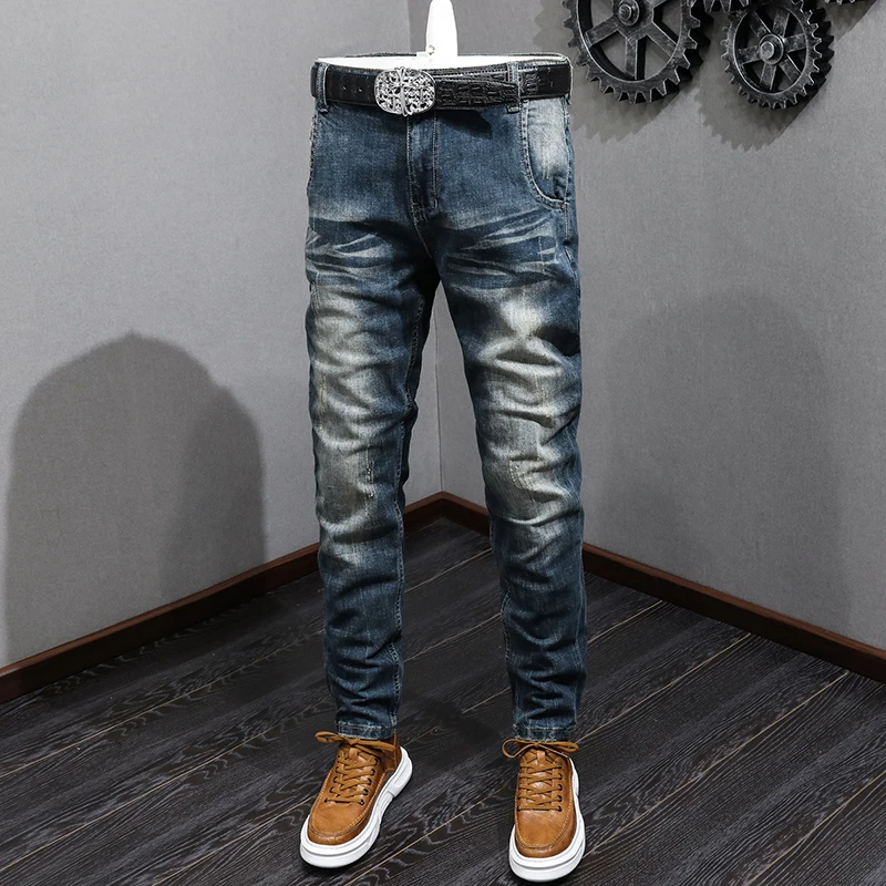 

Fashion Designer Men Jeans Retro Blue Elastic Slim Ripped Jeans Men Trousers Italian Style Vintage Casual Stretch Denim Pants