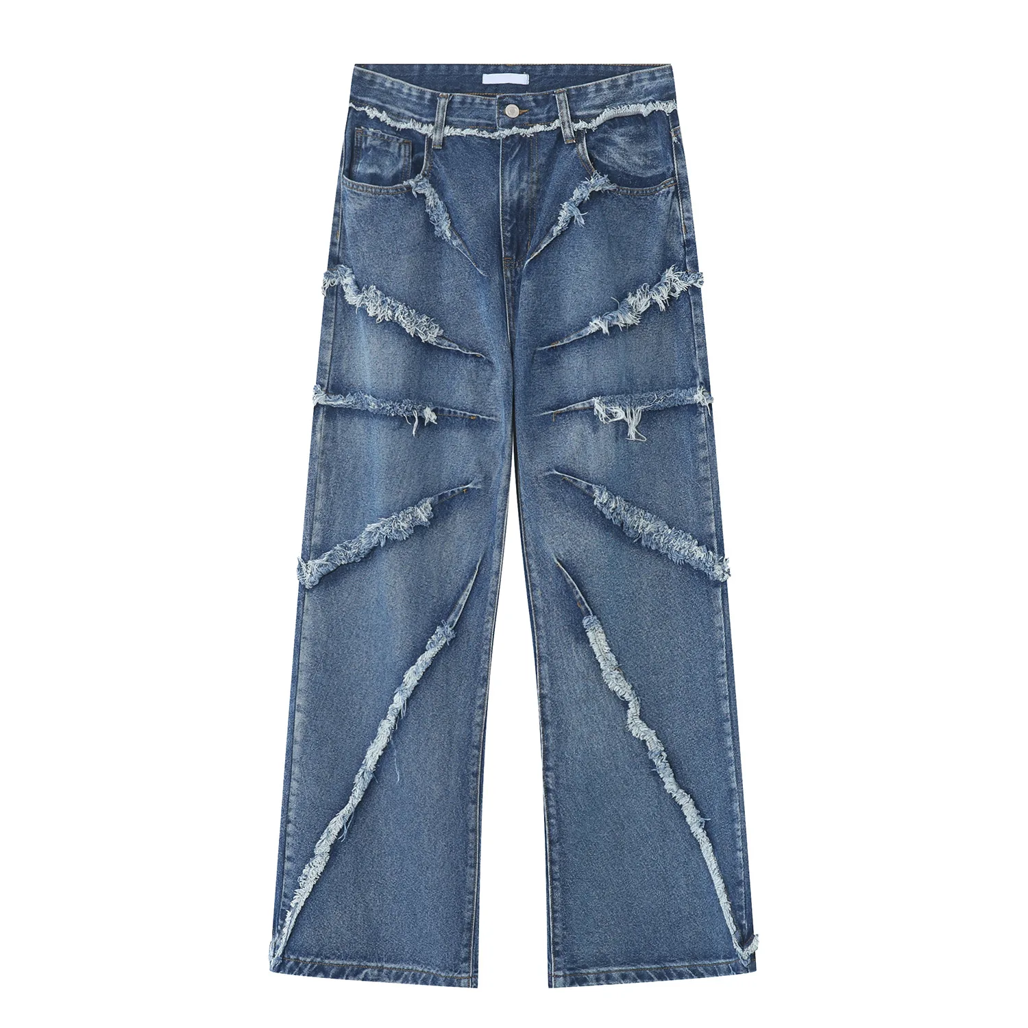 2023 European and American men's jeans new products personality trend hip-hop fringed loose wide-leg denim trousers