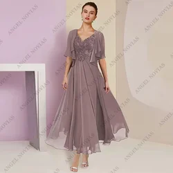 Customized Elegant A-Line Chiffon Ankle Length Short V-Neck Lace Mother of the Bride Dresses Prom Dress for Women Evenning