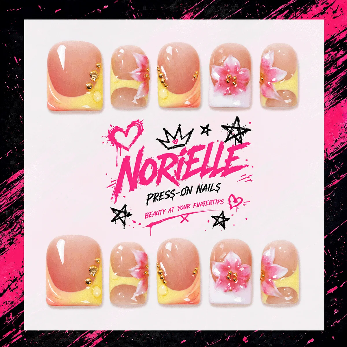 10 Stück Y2K Handgemachte Press-On-Nägel, Pfirsichrosa Jelly 3D Blumenmuster, Goldperlen Kurze Quadratische Kunstnägel für Frauen Nagelkunst