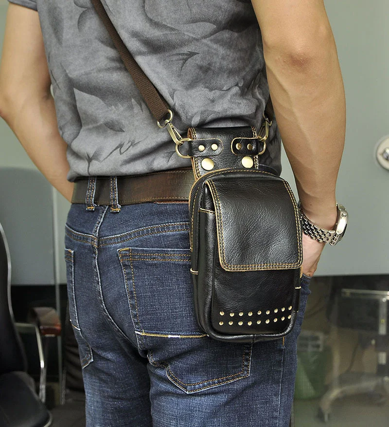 Oil Wax Cowhide Male Cell Phone Cigarette Case Waist Hook CrossBody Bag Hip Bum Belt High Quality Men Genuine Leather Fanny Pack