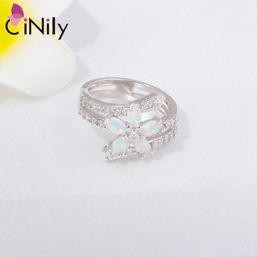 CiNily White Fire Opal Stone Rings Large Wide Filled Ring Silver Plated Flower Flora Bohemia Boho Fully-Jewelled Gifts for Women