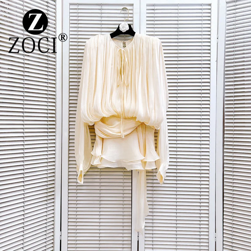 [ZOCI] Autumn Solid Color Pleated Loose High Waist Backless Fashionable Round Neck Lace Up Ribbon Long Sleeved Dress