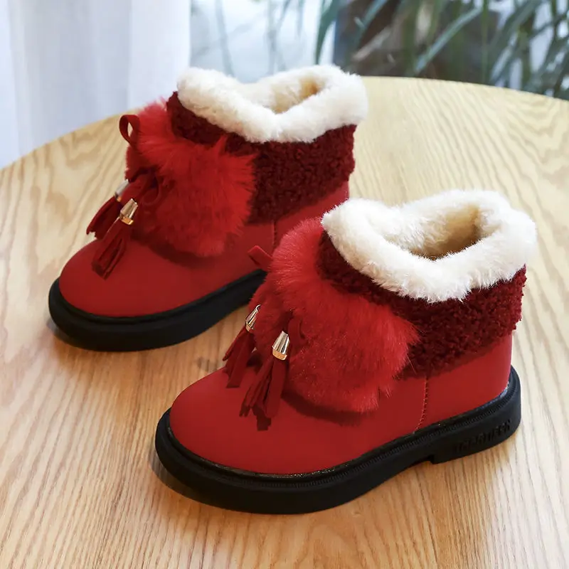 Anti-Slippery Bowknot Girls Snow Boots Plus Velvet Thickening Winter Little Girls Cotton Shoes Children\'s Short Boots Baby Boots