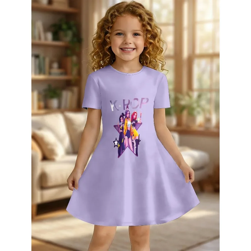 Little Girls Cute Lovely Vibrant Soft Fun Trendy Graphic Print Summer A-Line Swing Dress Short Sleeve Kids Play Outfit