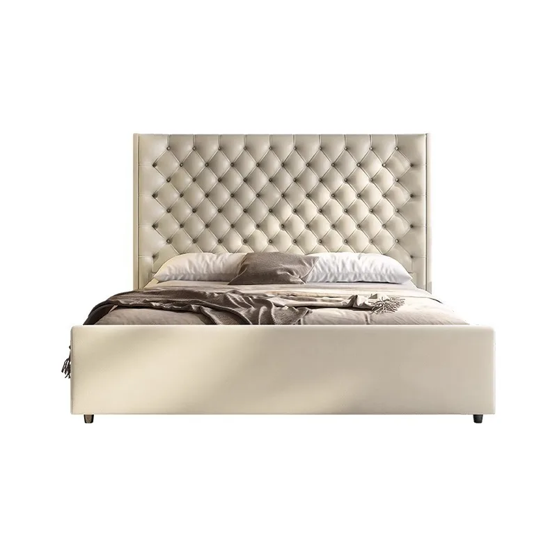 

Italian leather master bedroom bed, modern light luxury leather bed