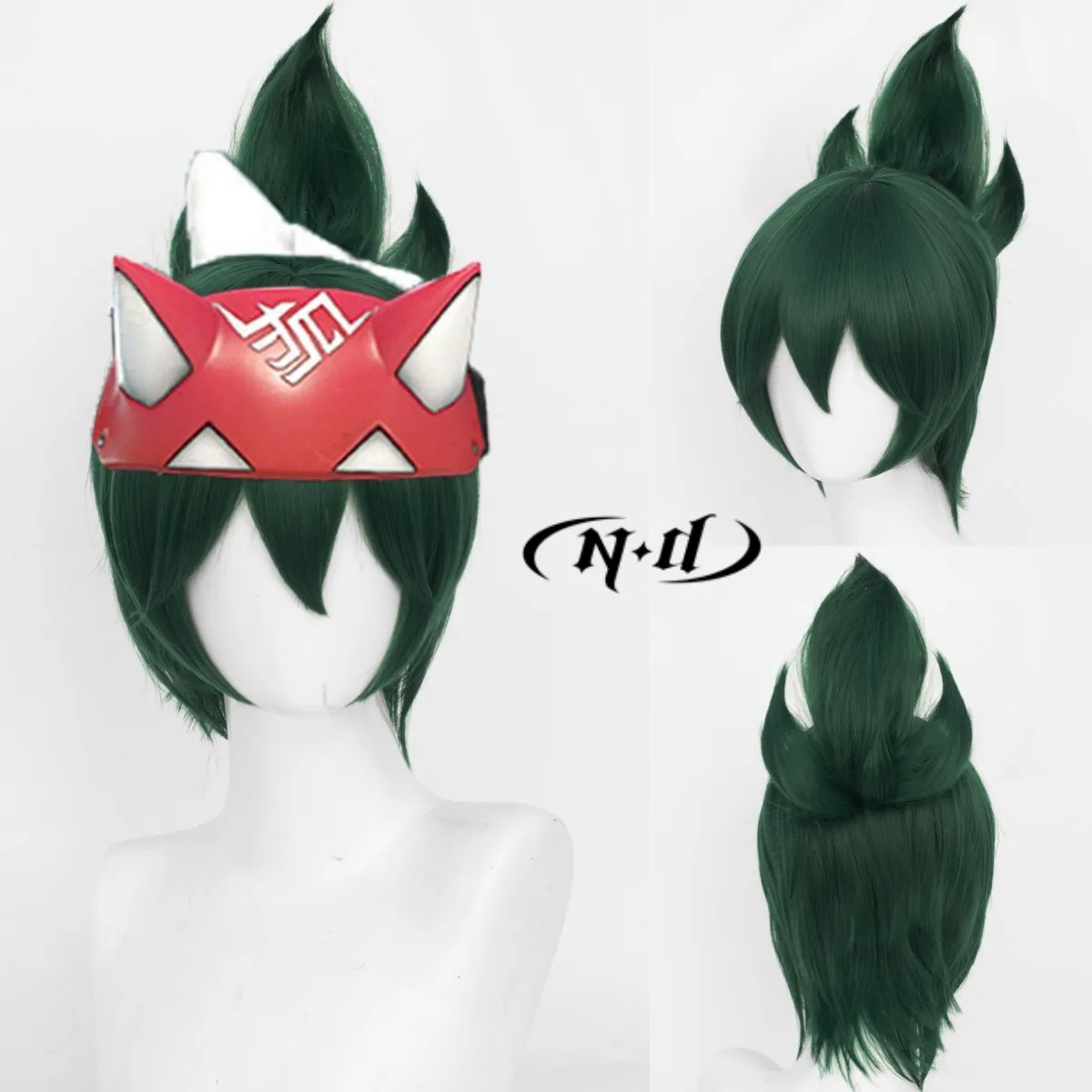 

ND Overwatch Cosplay Wigs Kiriko Cosplay Dark Green Hair Wigs for Game Comic Con Coser Costume Party Heat Resistant Synthetic