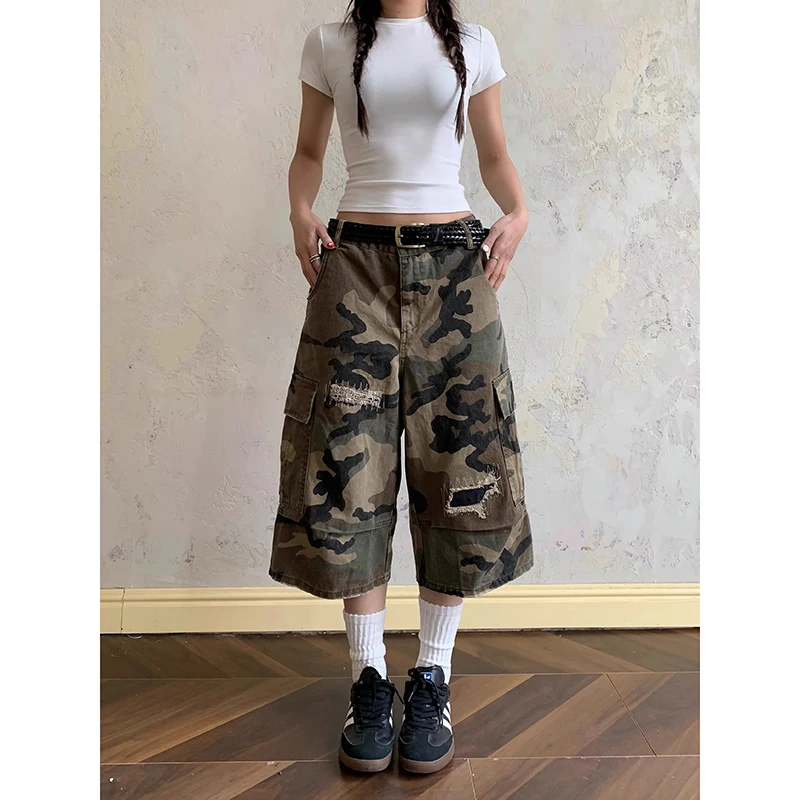 

ZHIZOU American Retro Camouflage Jeans Women Summer High Waist Pocket Hip hop Shorts Casual Y2K Grunge Streetwear Denim Shorts