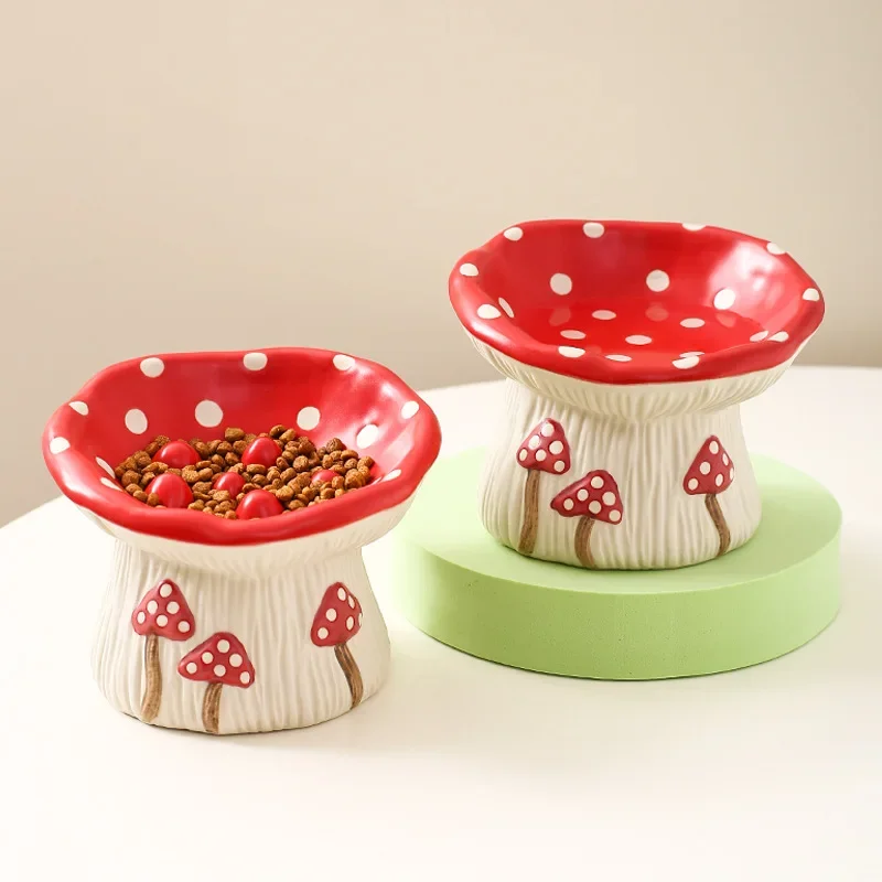 

Elevated Raised Cat Bowl Cute Mushroom Cat Water Food Bowl Ceramic Cat Feeder Raised Wide Shallow kitten Food Dish