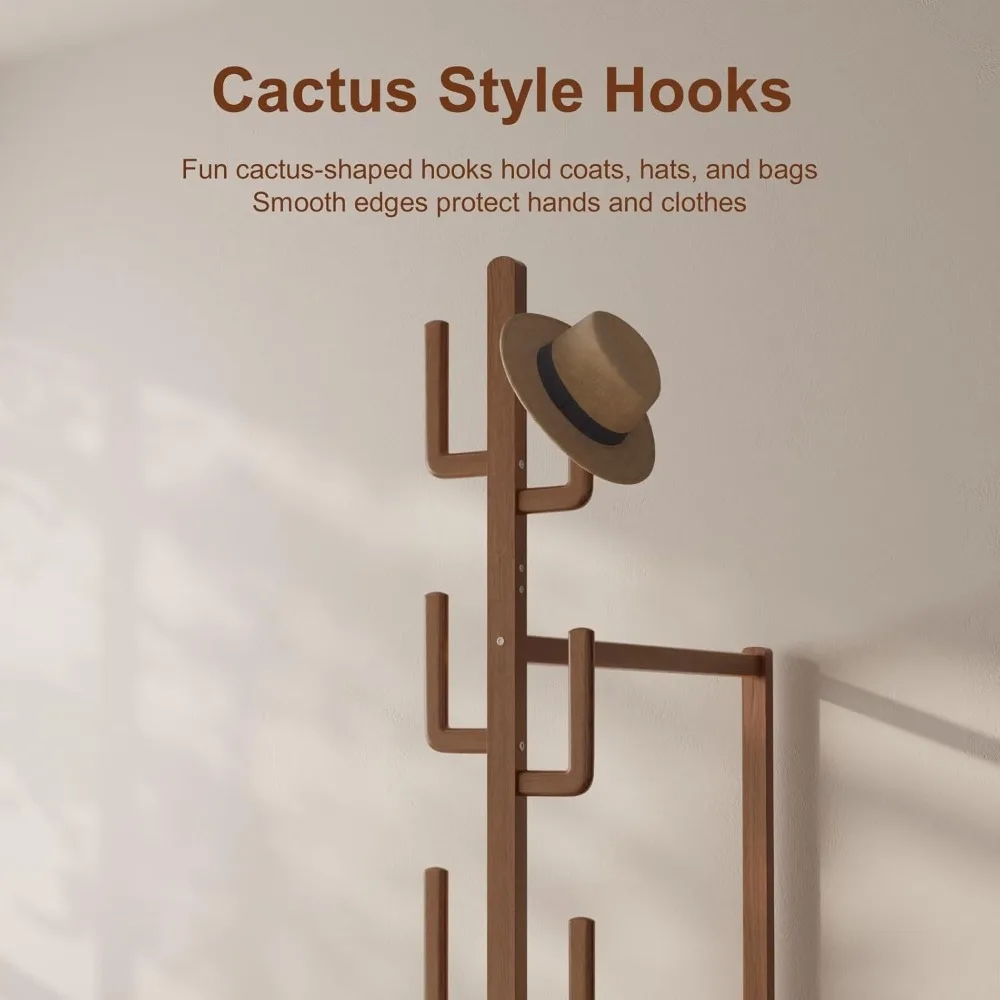 رف ملابس خشبي بعجلات وخطافات صبار، رف ملابس عالي التحمل بوزن 350 رطلاً مع رف، سهل التجميع، رف دوار