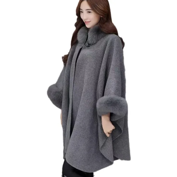 European and American large-size women\'s woolen coat autumn and winter new warm fashion fur collar coat women