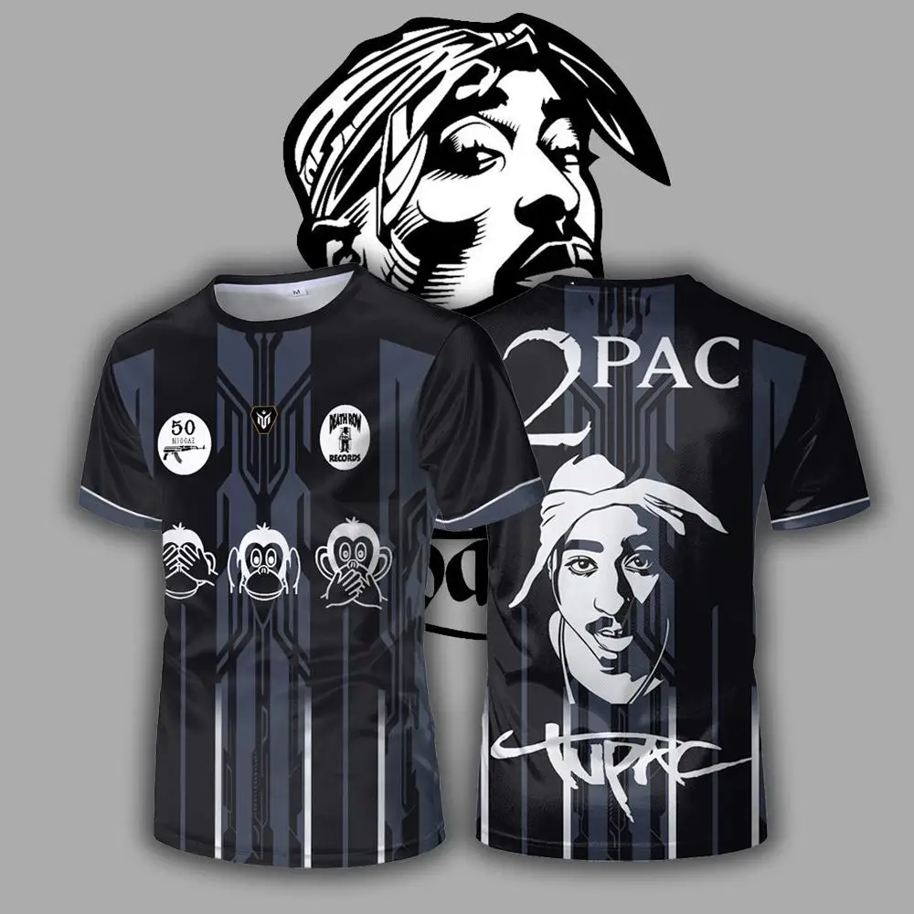 Tupac Print Jersey Street Hip-hop Rapper Trendy Short-sleeved T-shirt Men's And Women Outdoor Sports Breathable Football Uniform