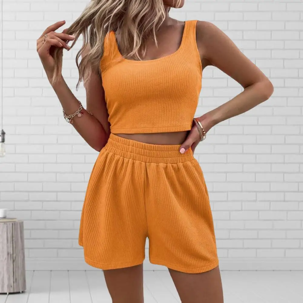 

Womens Summer 2 Piece Outfits Knitted Sets Sleeveless Square Neck Crop Top Tank High Waisted Shorts Waffle 2 Piece Lounge Set