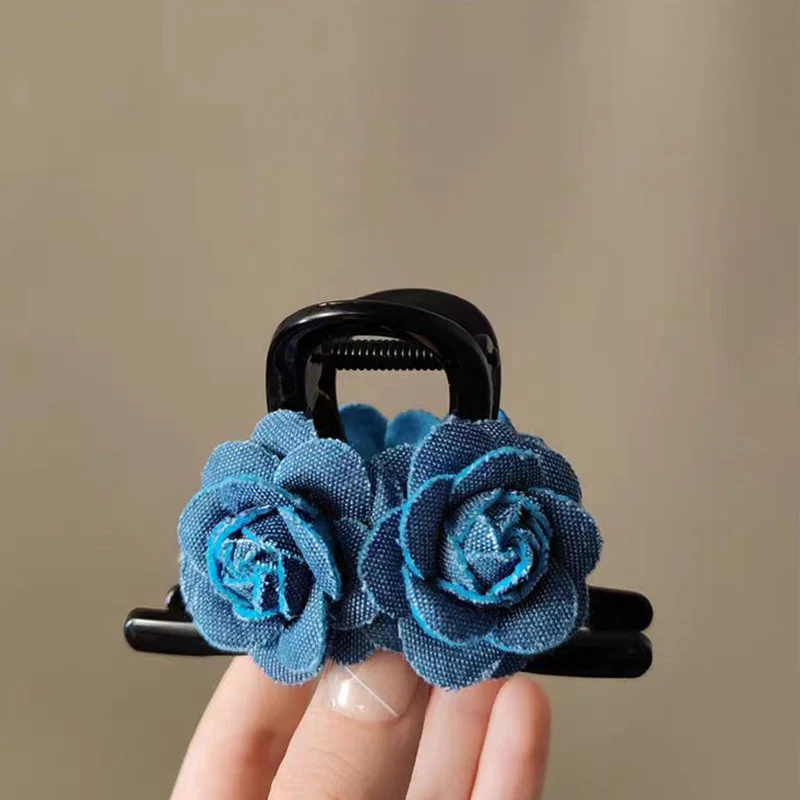 مشبك شعر من أزهار الورد من قماش الدنيم من Lystrfac للنساء والفتيات، مشبك شعر على شكل سمكة قرش، مشبك شعر خلفي، إكسسوارات للشعر #4