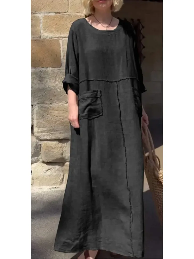 Summer Casual Loose Long Dresses Simple Pocket Cotton Linen Dress Women Casual Solid Color Round Neck Big Hem Boho Dress Female