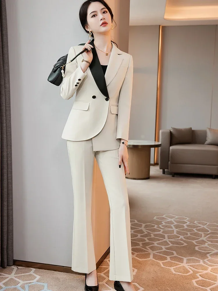 Fashion Apricot Black Stripe Women Formal Pant Suit Ladies Female Jacket And Trouser Business Work 2 Piece Blazer Set For Winter