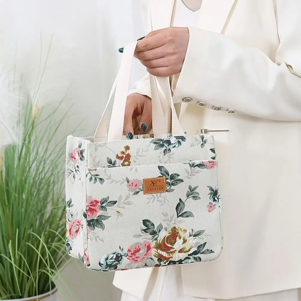 Portable Insulated Floral Print Lunch Bag Zippered Large Capacity Thermal Picnic Bag Japanese Style Foil Lining Handbag Women