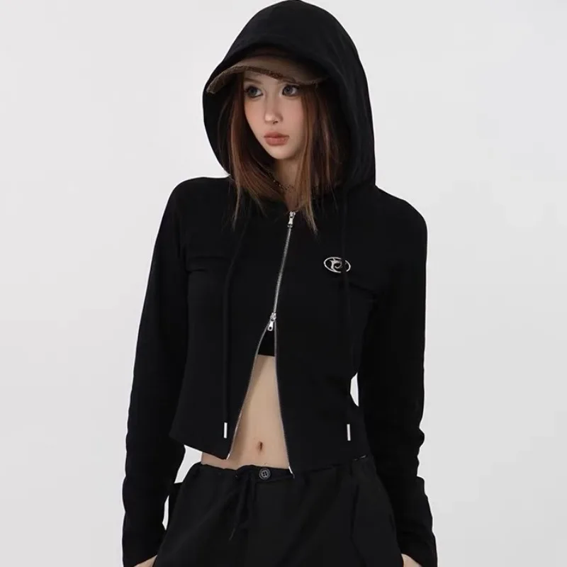 봄 가을 신상 미국 레트로 스타일 핫걸 슬림 후드티 코튼 지퍼 가디건 숏 후드티 여성용 얇은 후드 코트 스트릿웨어